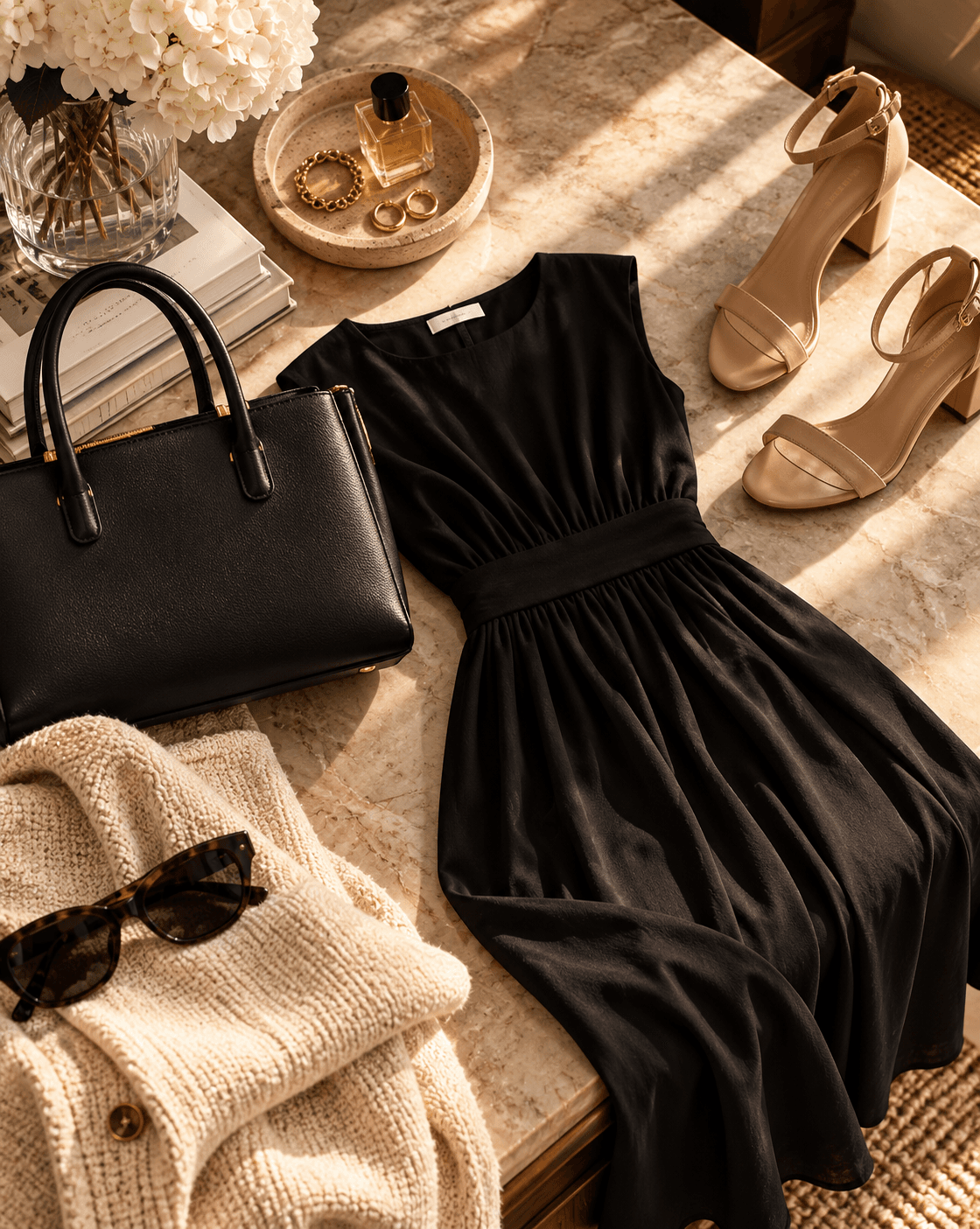 A chic black dress styled as a flat lay for a date.