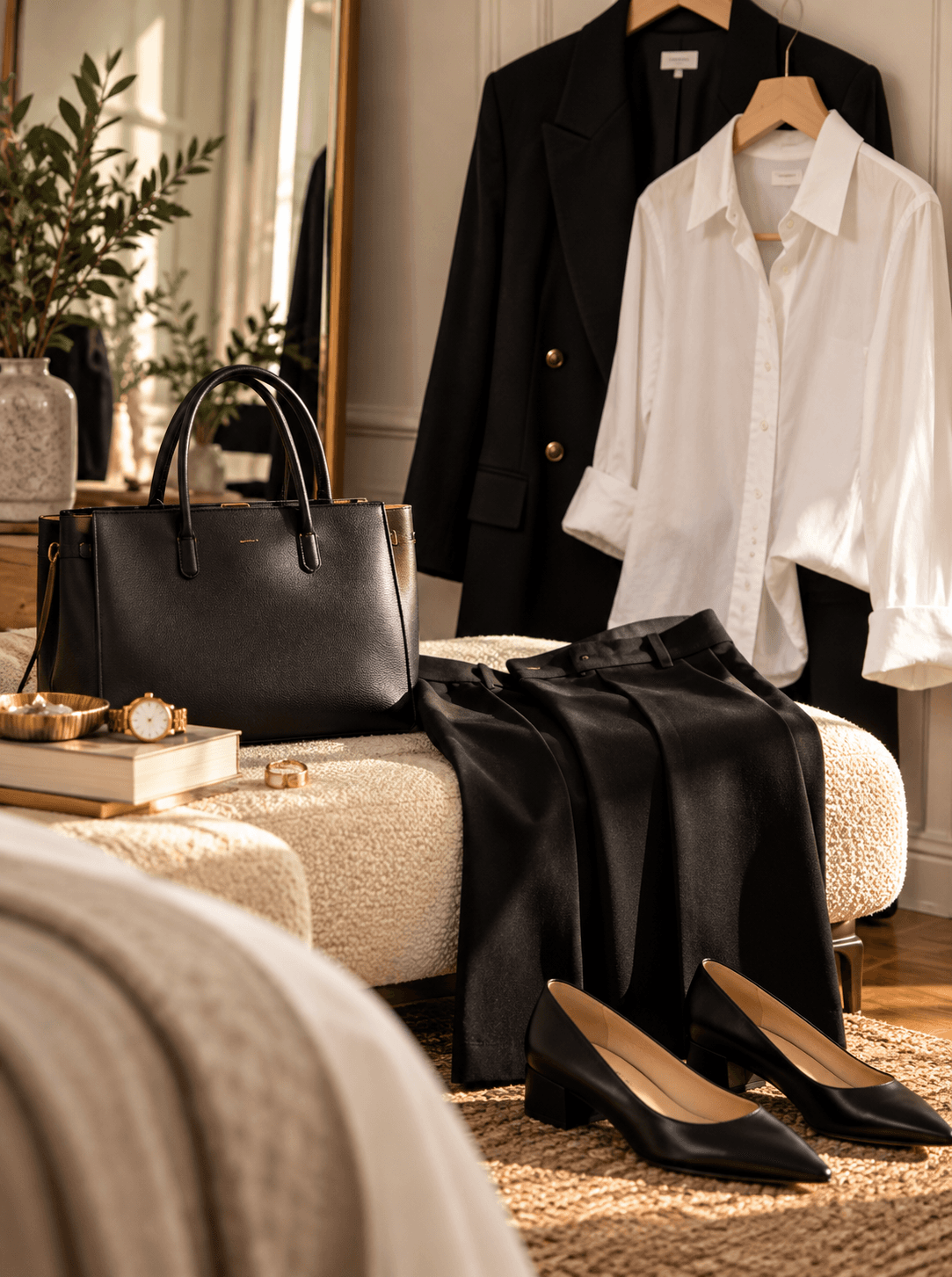 A chic black-and-white workwear outfit styled as a flat lay.
