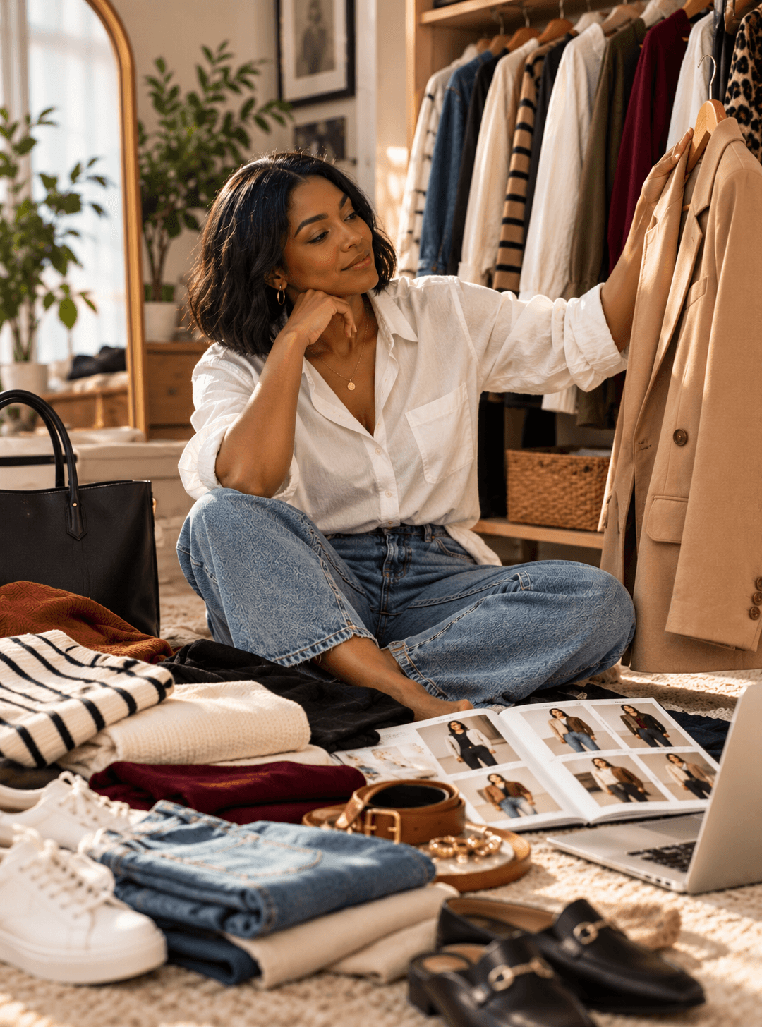 A cozy closet planned out for building new outfit combinations.