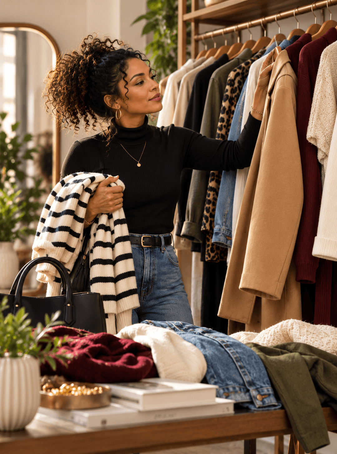A cozy closet, planned and organized for outfit-building.