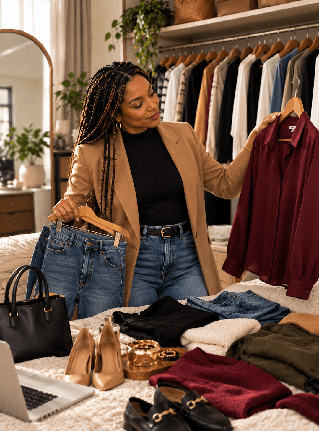 A cozy wardrobe styling session, outfits chosen for the occasion.