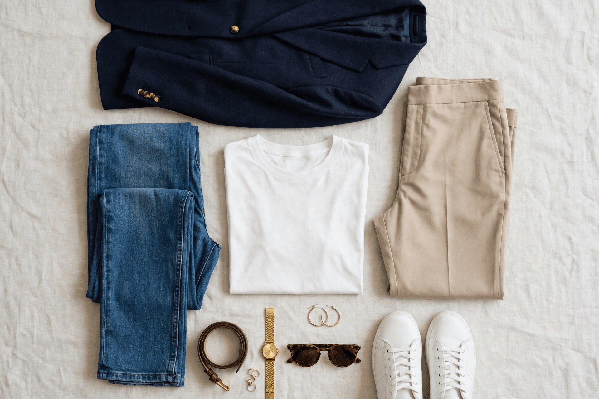 A navy blazer, white tee, jeans, tan trousers, white sneakers, and gold accessories laid out as a flat lay.