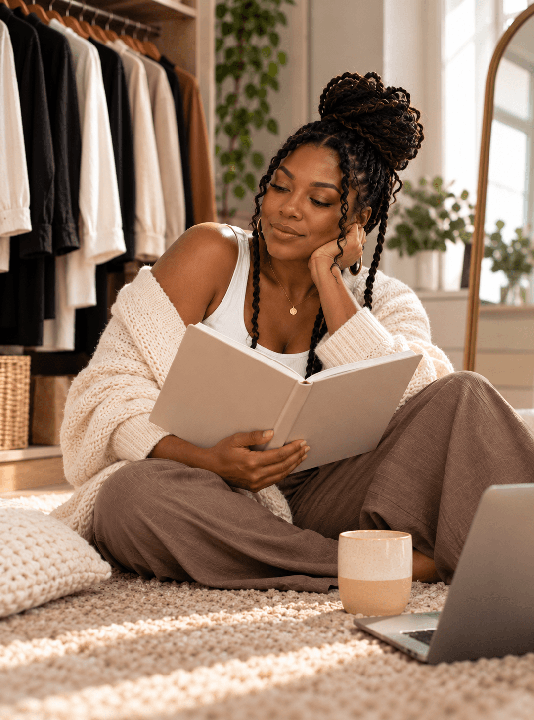 A cozy, neutral reading nook representing practical closet guidance.